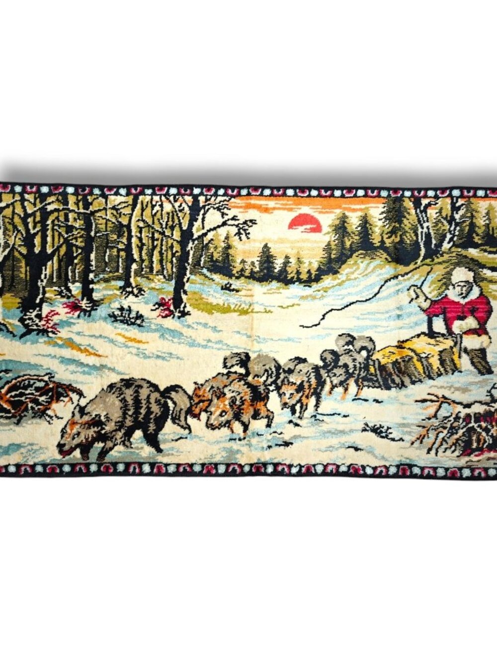 Vintage 70s Tapestry Belgium Santa Dog Sled Velvet Carpet Wall Decor Lodgecore